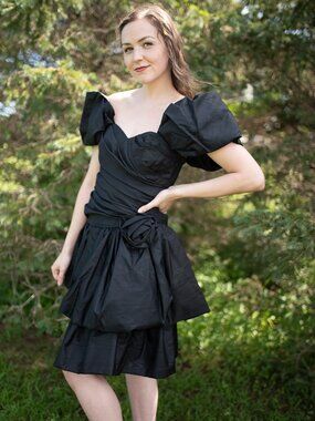 Vintage 80s Positively Ellyn Black Pouf Cocktail Dress Detachable Sleeves XS/S